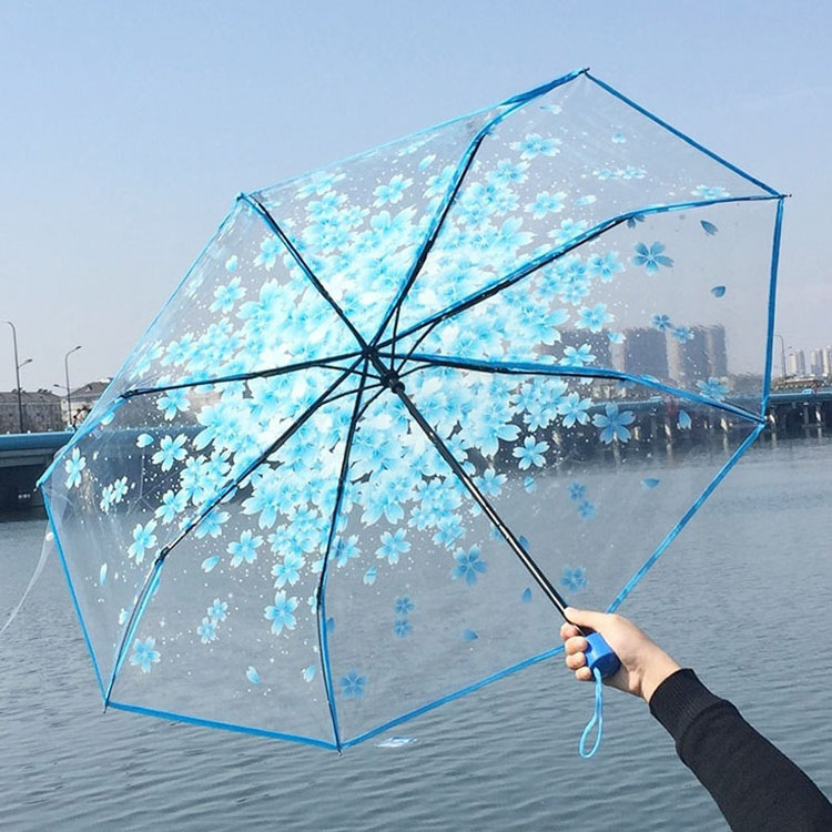 CHUVABAND 21 Inch 8 K 3 Folding Transparent Umbrellas Manual Open Sunny Rainy Umbrella For Women Flowers Pattern Parasol