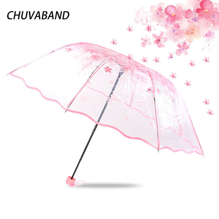 CHUVABAND 8K 3 Folding Transparent Umbrellas Manual Open Sunny Rainy Umbrella For Women Parasol Pink Flowers Pattern Parasol