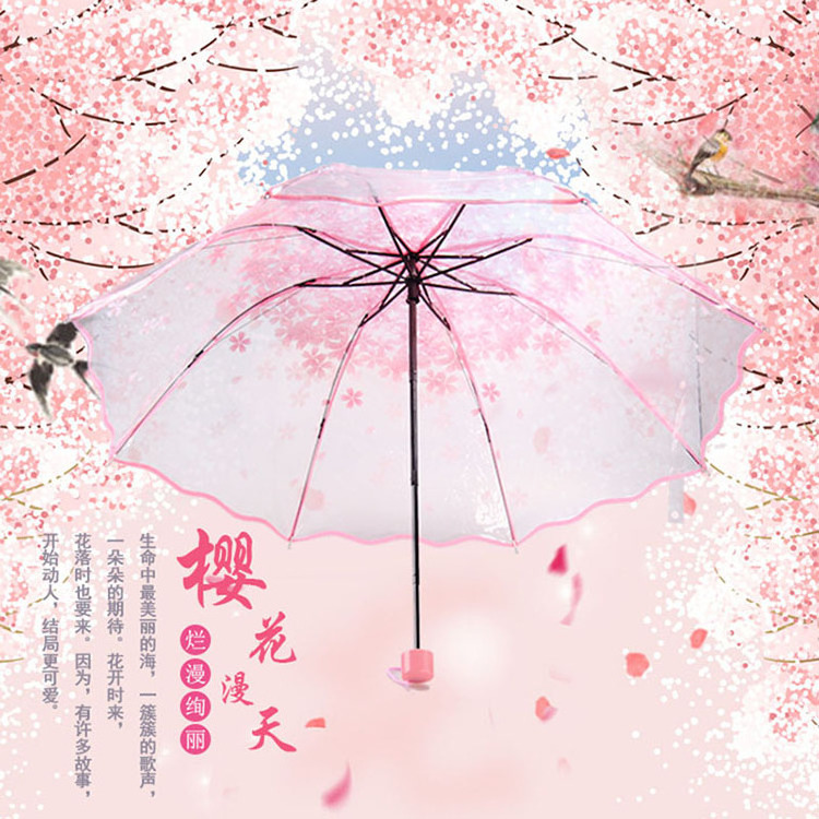 CHUVABAND 8K 3 Folding Transparent Umbrellas Manual Open Sunny Rainy Umbrella For Women Parasol Pink Flowers Pattern Parasol