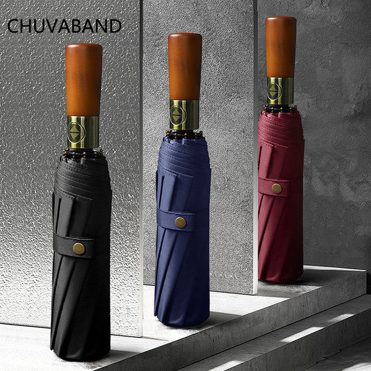 CHUVABAND 23 Inch 10 Ribs High Quality 3 Fold Auto Open Close Compact Windproof Travel Folding Umbrella With Wooden Handle