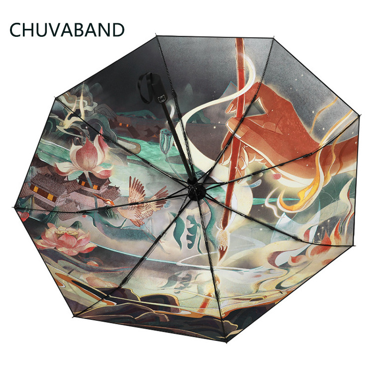 CHUVABAND 21 Inch 8 Bone Automatic Open 3 Fold Umbrella With Design Digital Printing Anime Umbrella