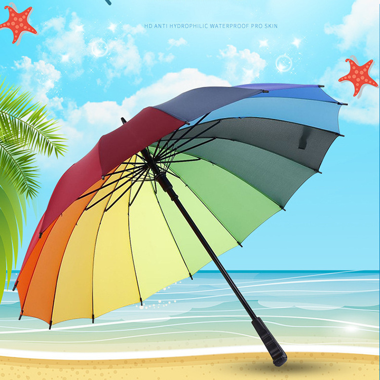 CHUVABAND 21 Inch 16 K Customized Logo Automatic Open Umbrella Golf Windproof Parasol Long Straight Handle Rainbow Umbrella