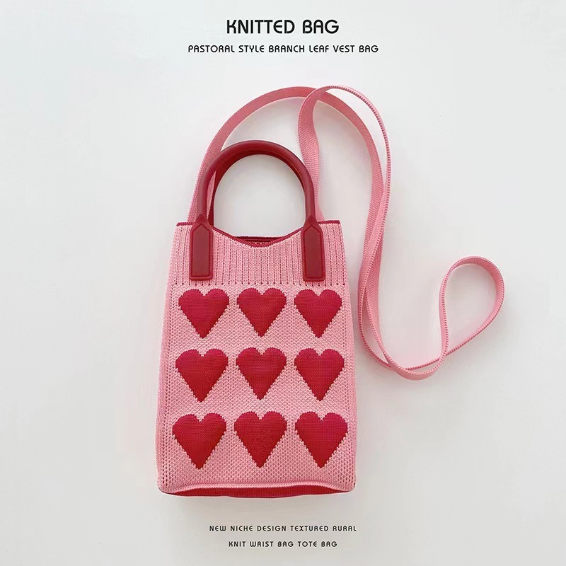 popular crossbody bags handbags fashion pink heart shape phone purse bags knitted bags