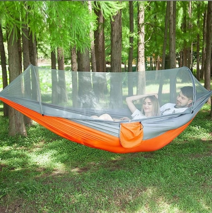 Pop-Up Light Portable Parachute Nylon Camping Hammock with Mosquito Net Automatic Quick Open Bug Net Hammock