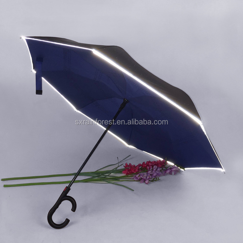 double layer C handle automatic folding inverted umbrella with reflective strip