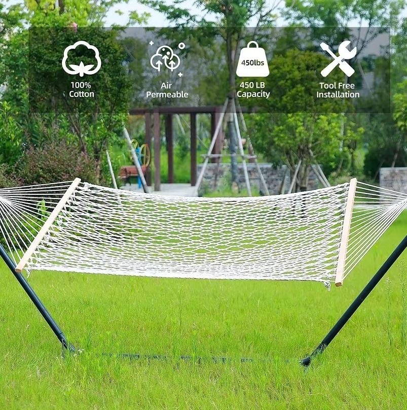 2 Person 450 Pound Capacity Double size Wide Cotton Rope Hammock with wood Spreader Bar