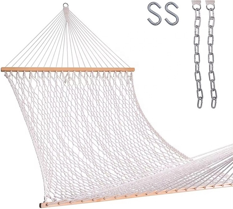 2 Person 450 Pound Capacity Double size Wide Cotton Rope Hammock with wood Spreader Bar