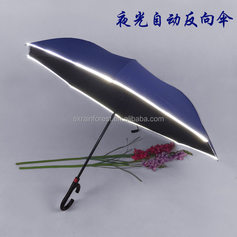 double layer C handle automatic folding inverted umbrella with reflective strip