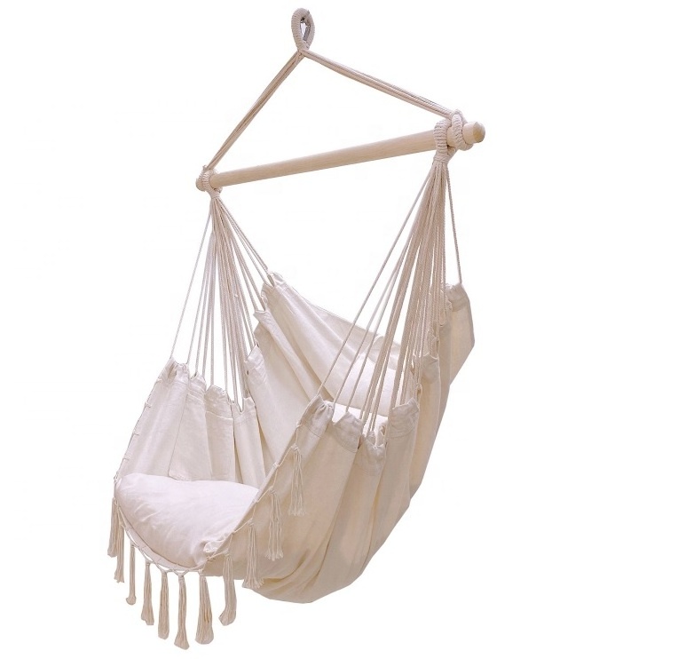 Indoor Canvas Swing Hammock Chair with Fringe Garden Macrame Hammock Chair Patio Hanging Swing