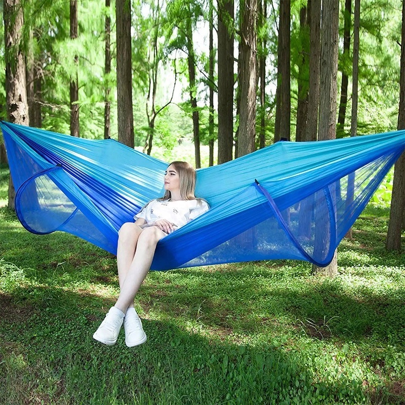 Pop-Up Light Portable Parachute Nylon Camping Hammock with Mosquito Net Automatic Quick Open Bug Net Hammock