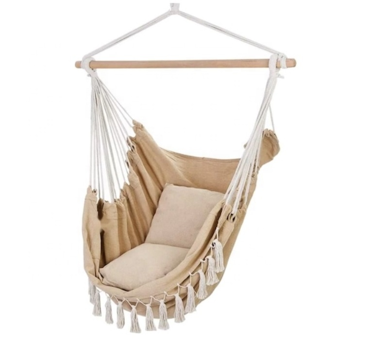 Indoor Canvas Swing Hammock Chair with Fringe Garden Macrame Hammock Chair Patio Hanging Swing