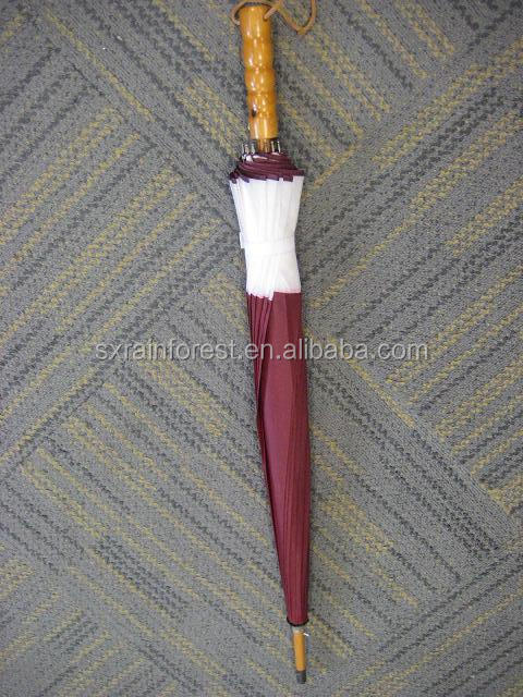 Promotion double ribs straight wood handle umbrella with big beige piping