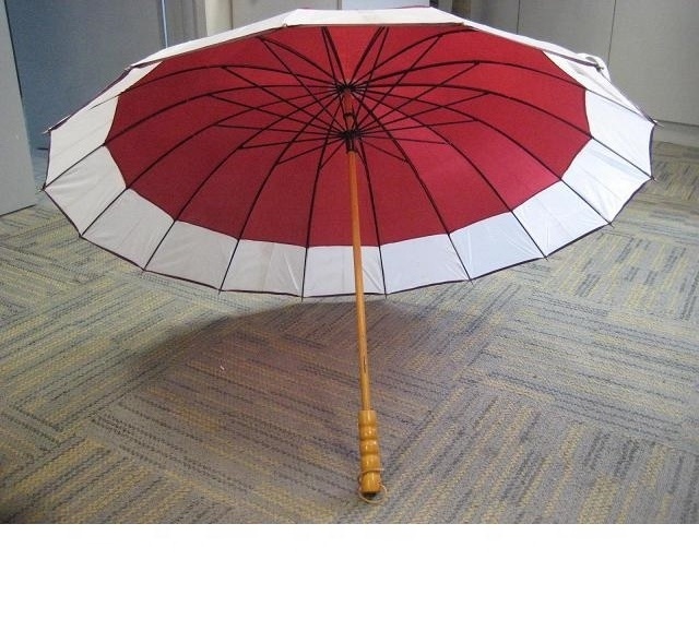 Promotion double ribs straight wood handle umbrella with big beige piping