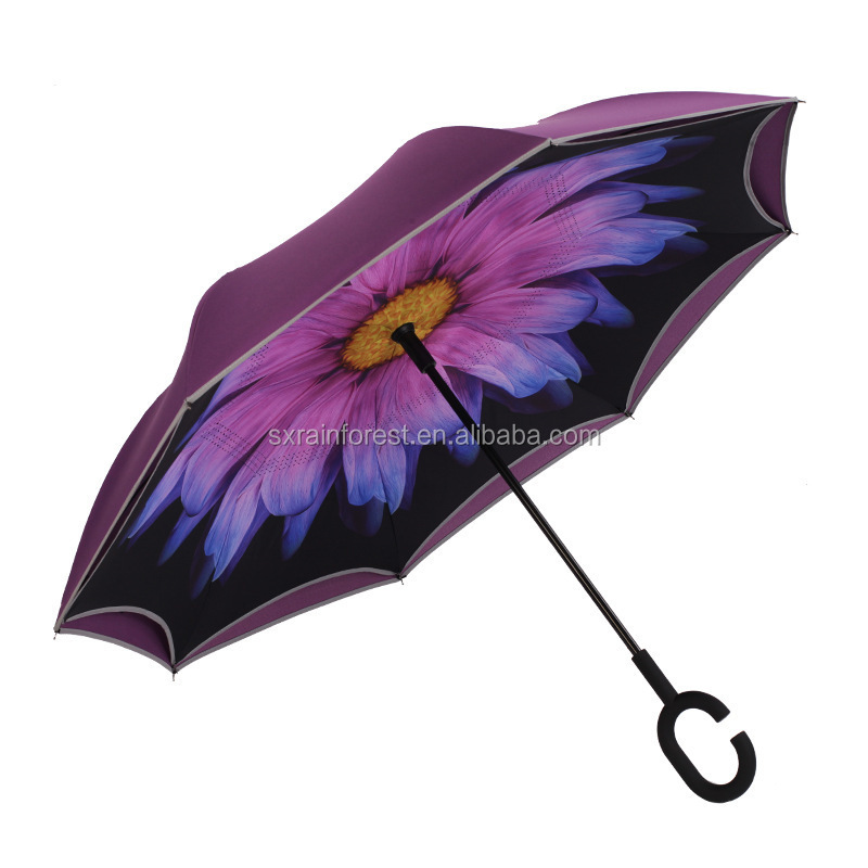 hot selling double layer C handle automatic folding inverted umbrella with reflective strip