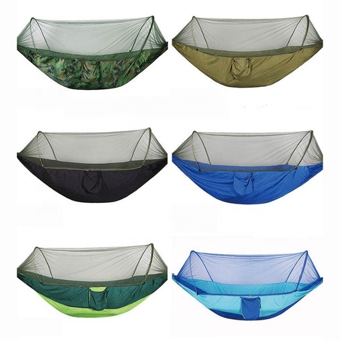 Pop-Up Light Portable Parachute Nylon Camping Hammock with Mosquito Net Automatic Quick Open Bug Net Hammock