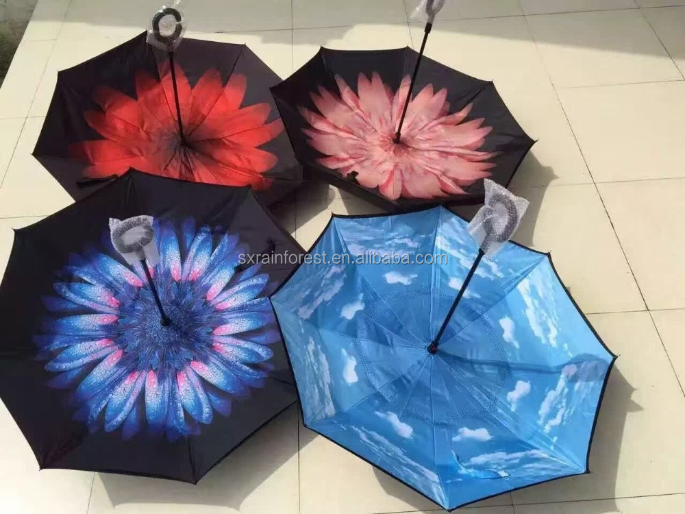 double layers customized print reverse inverted umbrella with C shape popular for Brazil market