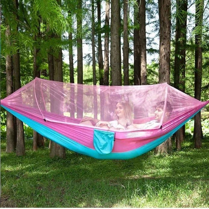 Pop-Up Light Portable Parachute Nylon Camping Hammock with Mosquito Net Automatic Quick Open Bug Net Hammock