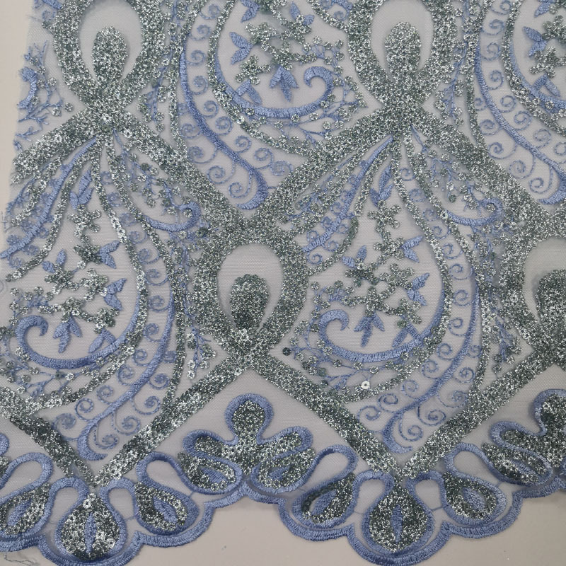 Light blue color SCALLOP selvedge 100% NYLON french tulle mesh net African glitter sequin embroidery fabric for dress