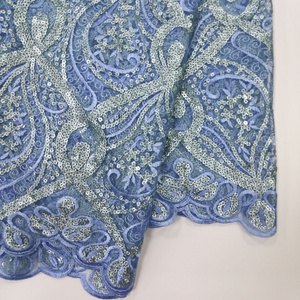 Light blue color SCALLOP selvedge 100% NYLON french tulle mesh net African glitter sequin embroidery fabric for dress