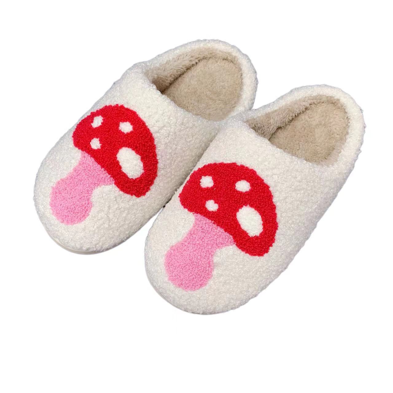 Wholesale Cute fuzzy Mushroom Slippers Slides Ladies Winter Indoor Flat Warm  Slippers