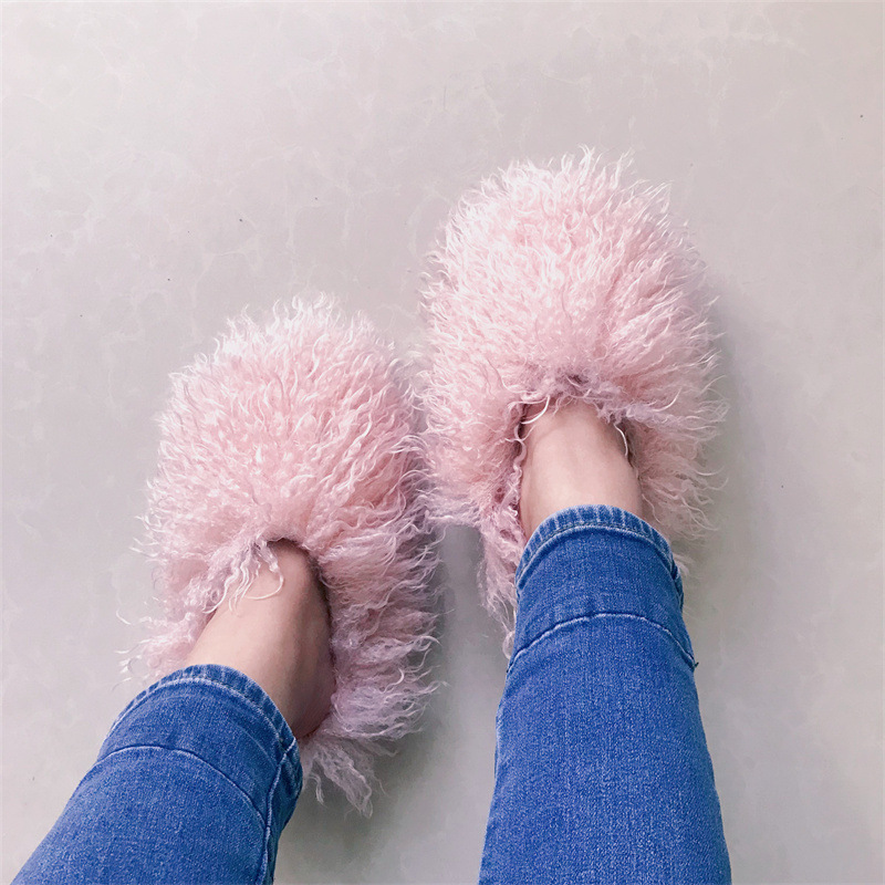 2023 Wholesale Popular Fuzzy Flat Fluffy Slide Fashion Soft And Sheep Faux Mongolian Wool Fur Slides Slippers