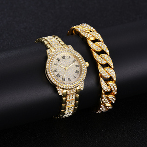 2023 Watch Cuban Link Chain Zircon Gold plated Bracelet Set Customized Diamond Design Bracelet Wrist Watch for Women Gift