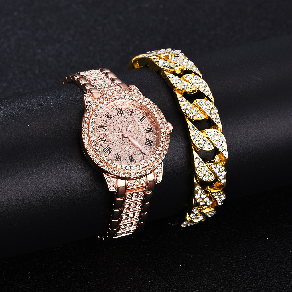 2023 Watch Cuban Link Chain Zircon Gold plated Bracelet Set Customized Diamond Design Bracelet Wrist Watch for Women Gift