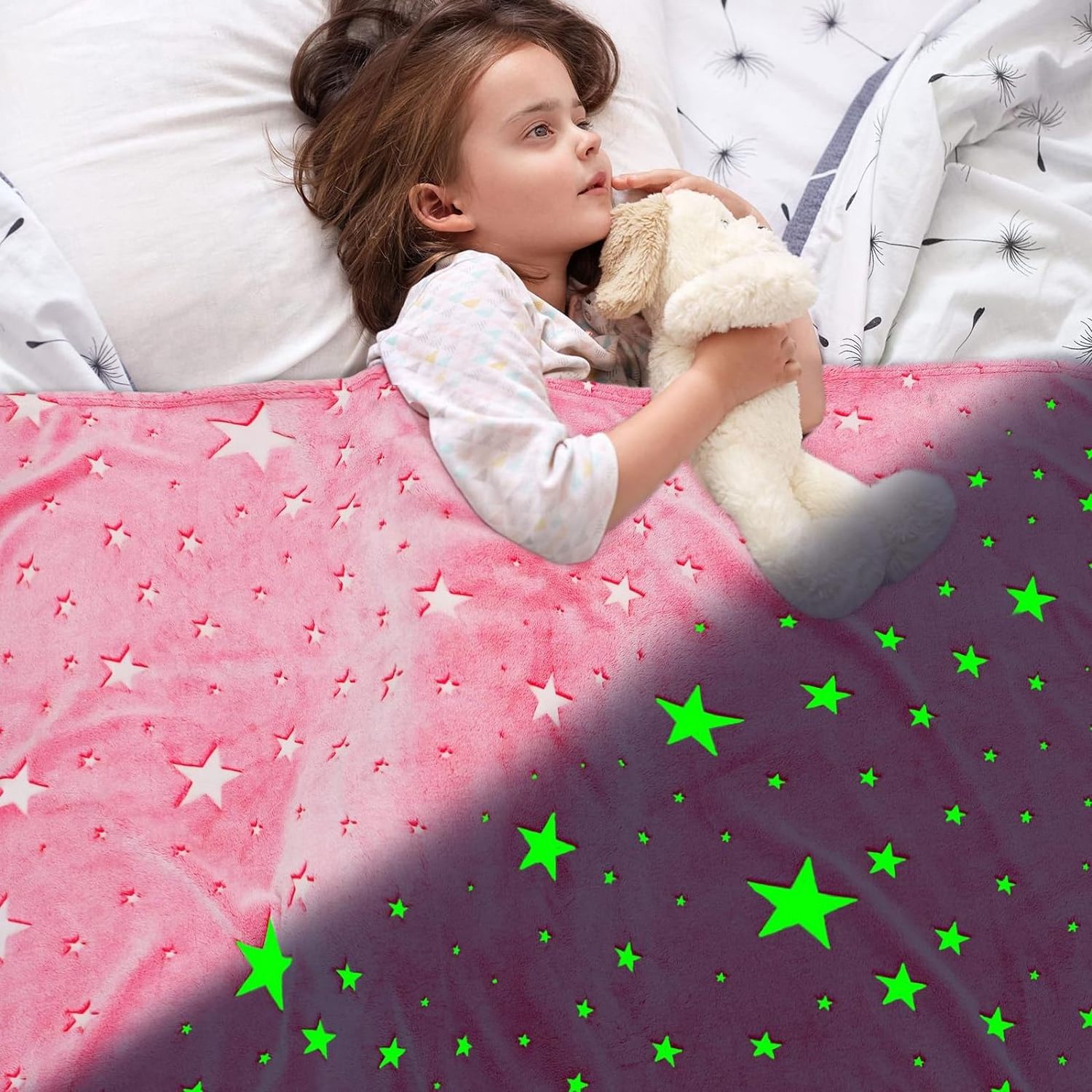 Pink Star Blanket Girls Glow in The Dark Blanket  Birthday Gifts for Kids Soft Fluffy Blankets All Seasons