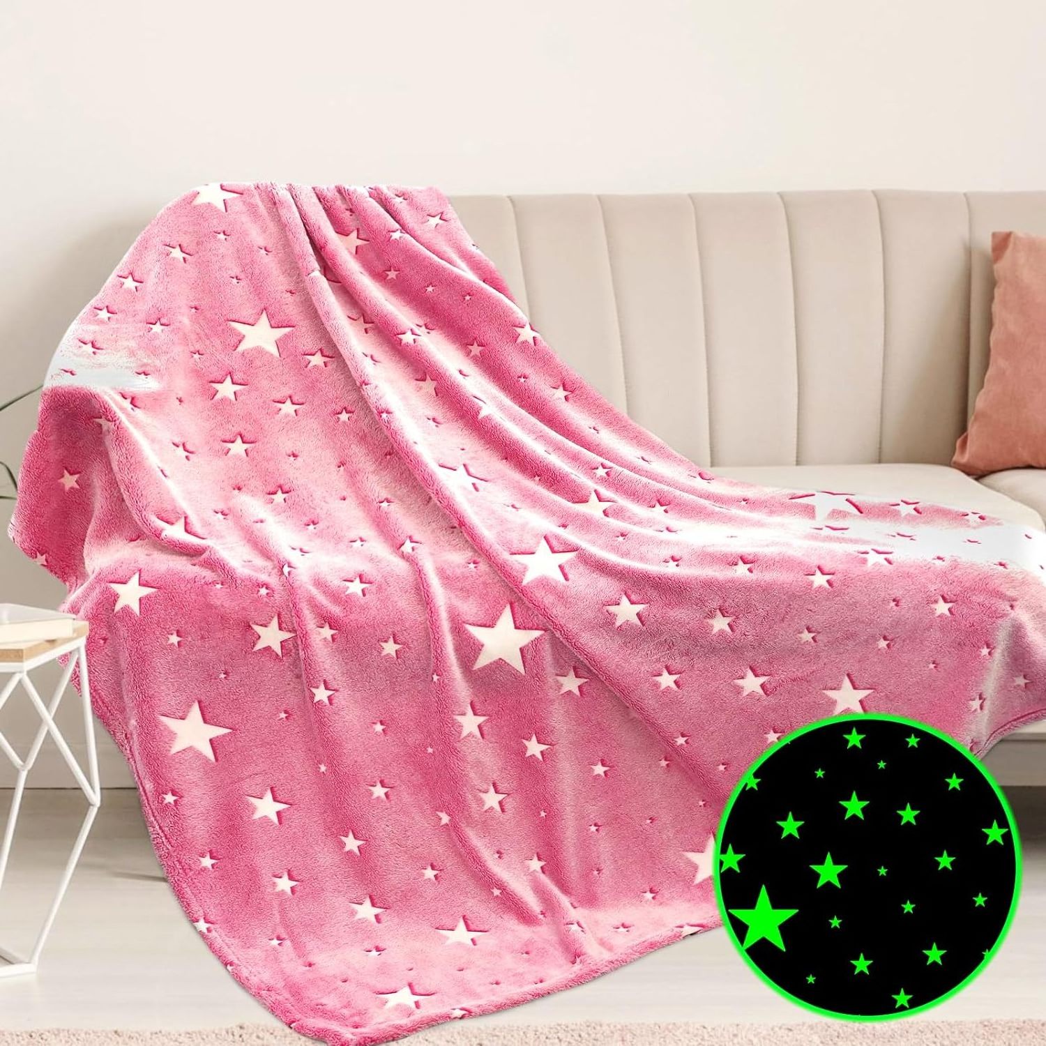 Pink Star Blanket Girls Glow in The Dark Blanket  Birthday Gifts for Kids Soft Fluffy Blankets All Seasons