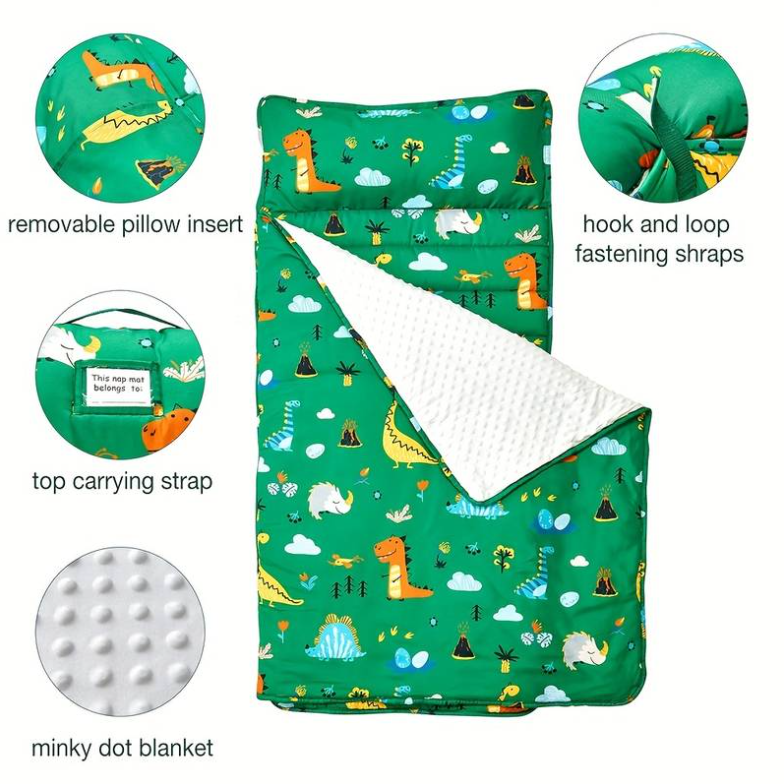 Wholesale Waterproof Sleeping Mat Skin-friendly Daycare Rolled Portable Cotton Toddler Nap Mat With Removable Pillow and Minky