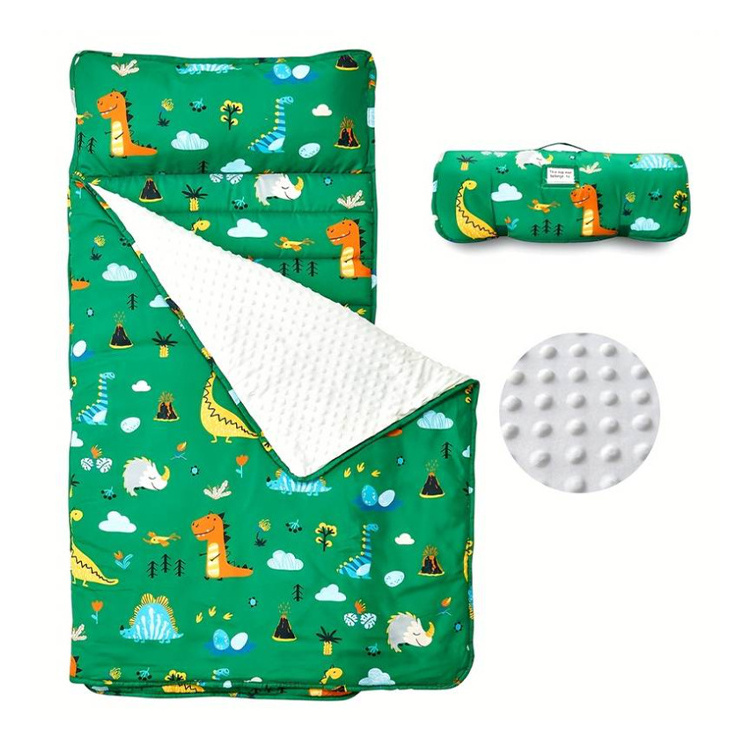 Wholesale Waterproof Sleeping Mat Skin-friendly Daycare Rolled Portable Cotton Toddler Nap Mat With Removable Pillow and Minky