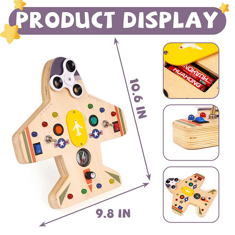 Montessori Toddler Busy Board Baby Airplane Sensory Wooden Busy Board with 10 LED Light Switches for Boys Girls Gifts