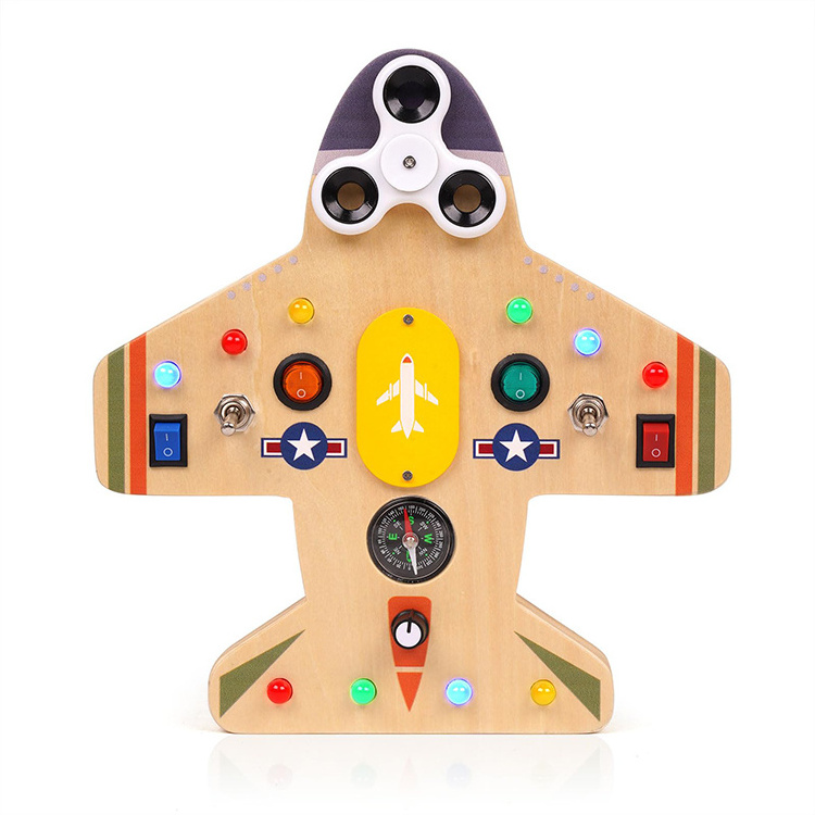 Montessori Toddler Busy Board Baby Airplane Sensory Wooden Busy Board with 10 LED Light Switches for Boys Girls Gifts