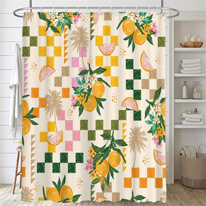 Tropical Summer Fruit Printed Shower Curtain Orange Square Grid Lemon Beach Ocean Waterproof Bathroom Shower Curtains