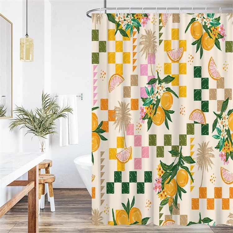 Tropical Summer Fruit Printed Shower Curtain Orange Square Grid Lemon Beach Ocean Waterproof Bathroom Shower Curtains