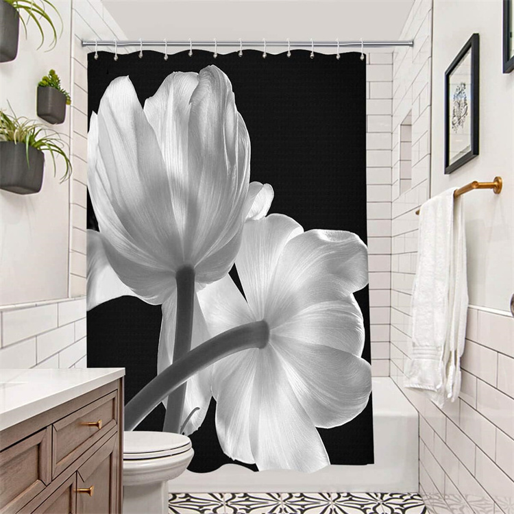 Black and White Shower Curtain Washable Unique Extra Long Shower Curtain with Flower Print Modern Fabric Cloth Bathroom Curtains