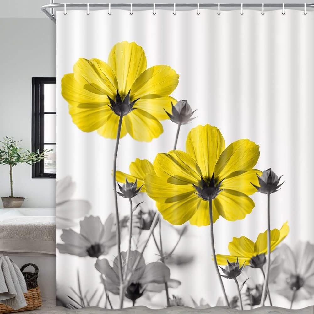 Unique Floral Yellow Shower Curtain Daisy Flower Elegant Wildflower Design Farmhouse Shower Curtains for Bathroom with Hooks