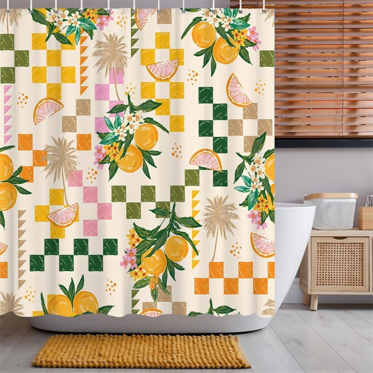 Tropical Summer Fruit Printed Shower Curtain Orange Square Grid Lemon Beach Ocean Waterproof Bathroom Shower Curtains