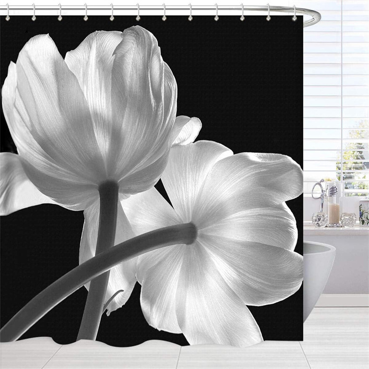 Black and White Shower Curtain Washable Unique Extra Long Shower Curtain with Flower Print Modern Fabric Cloth Bathroom Curtains