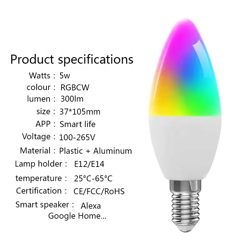 Tuya WiFi APP Remote Voice Control 16Million Colors RGB CCT 2700-6500K Dimmable Smart LED Candle Light Bulb E14 Lamp