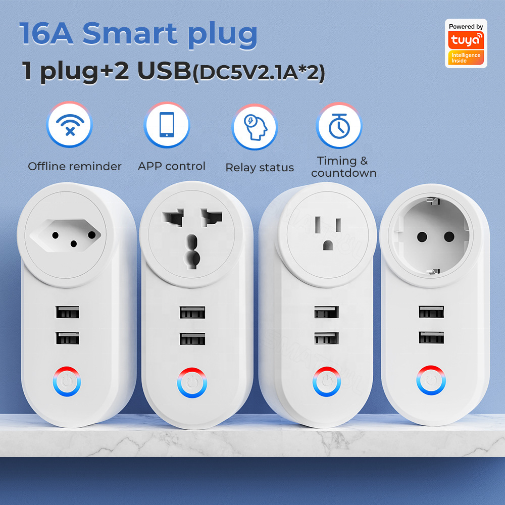 Tuya Wifi Smart Socket With 2 USB 16A EU/US/BR Plug Outlet Adapter Switch App Timing Voice Smart Life App For Google Home