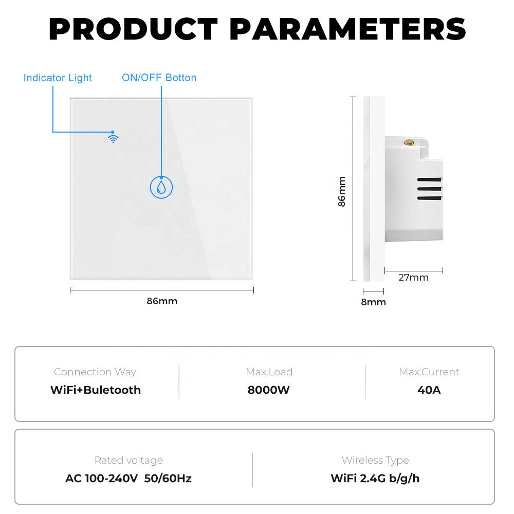 40A Tuya Smart Home WiFi Water Heater Air Conditioning Glass Panel Touch Button Wall Switch With Remote Control Voice Timer