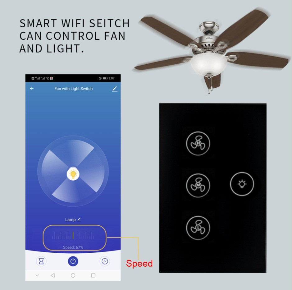 Tuya APP Remote Various Speed Control Smart Wifi Fan Light Switch US Ceiling Fan Lamp Touch Glass Switch