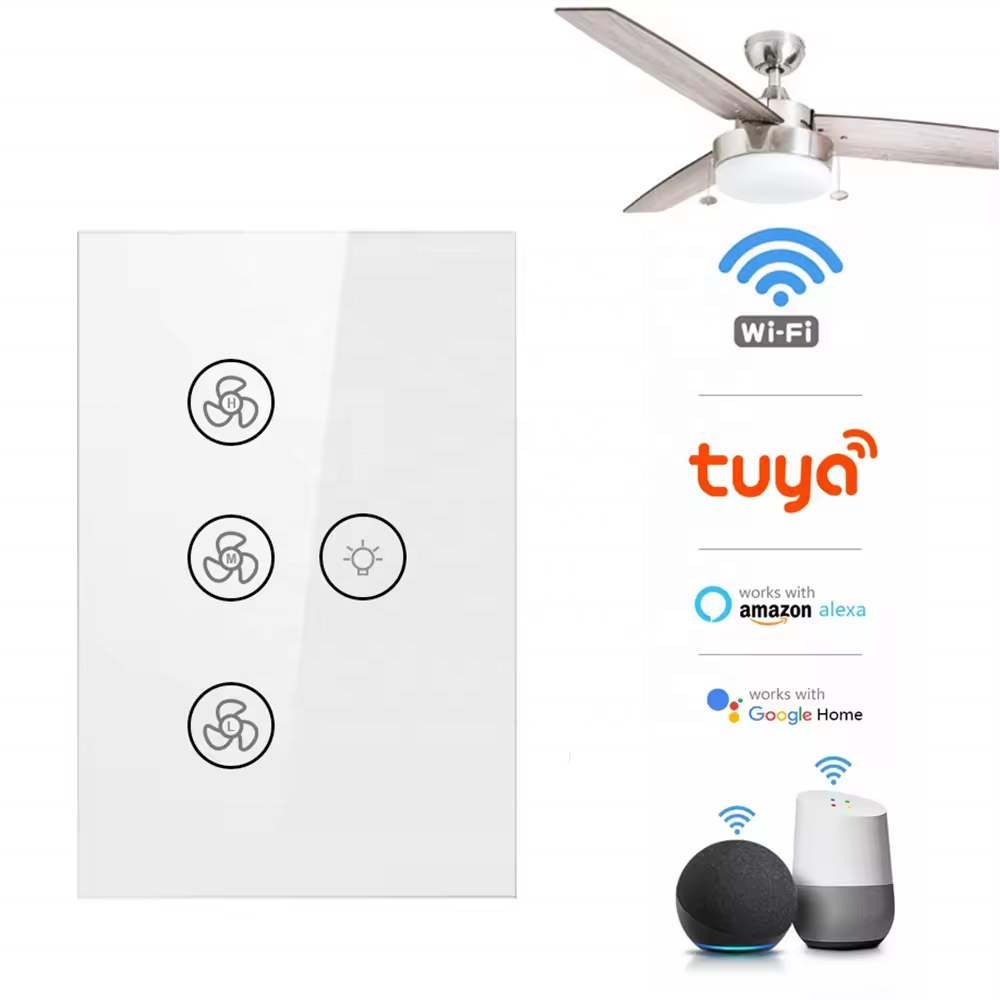 Modern Wall Fan Remote Switch Smart Tempered Glass Panel 10A US Standard Tuya Wifi Light Fan Regulator Touch Switch