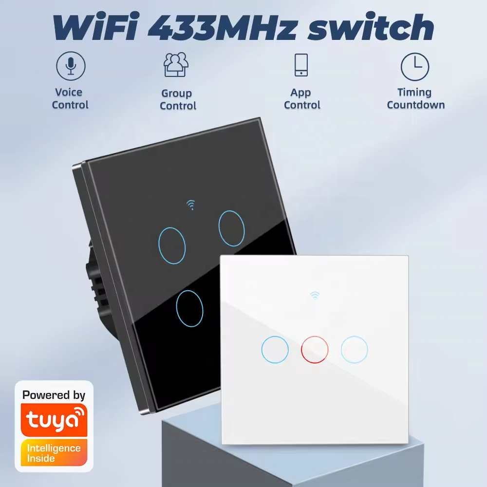 1 2 3 4 Gang Tuya WiFi Smart Life Touch Wireless Wall Switch RF433MHz Light Switch No Neutral Required 220V Google Home Alexa