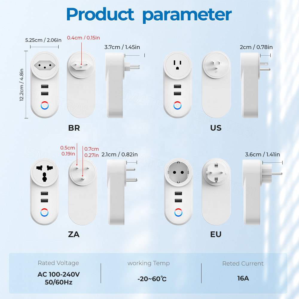 Tuya Wifi Smart Socket With 2 USB 16A EU/US/BR Plug Outlet Adapter Switch App Timing Voice Smart Life App For Google Home