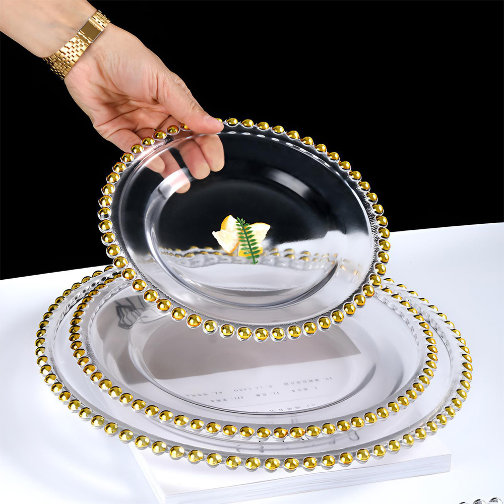 13 Inch Round Gold Beaded Clear Glass Charger Plates for Wedding Dinnerwares Christmas party decoration Decorative Tableware Set