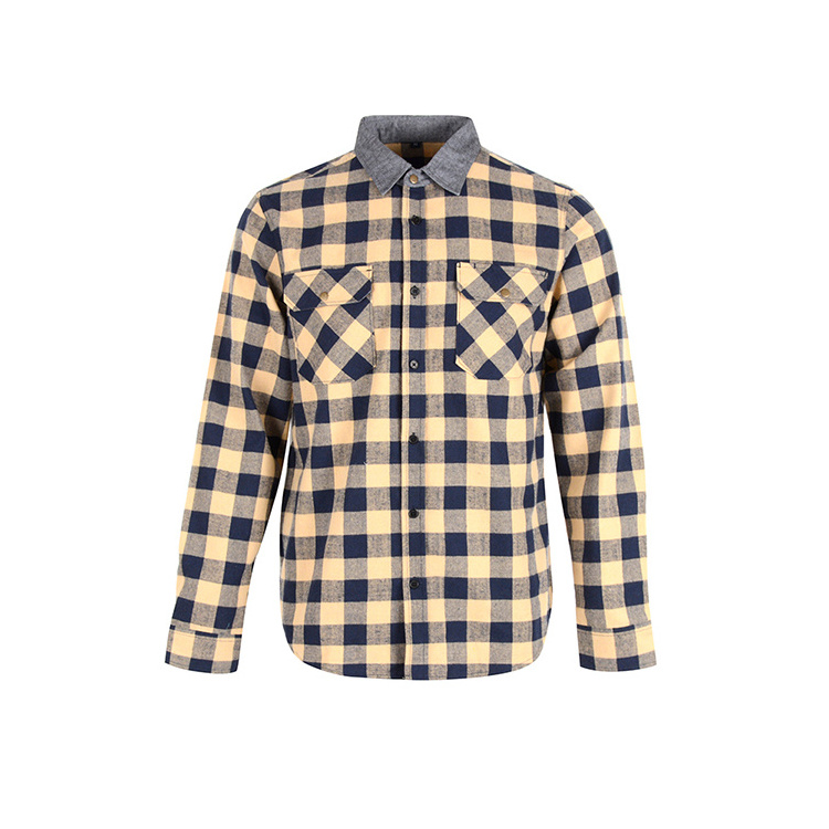 2023 Unique and stylish fashion design elbow with a small patch yellow plaid men's long sleeve multi color options flannel shirt