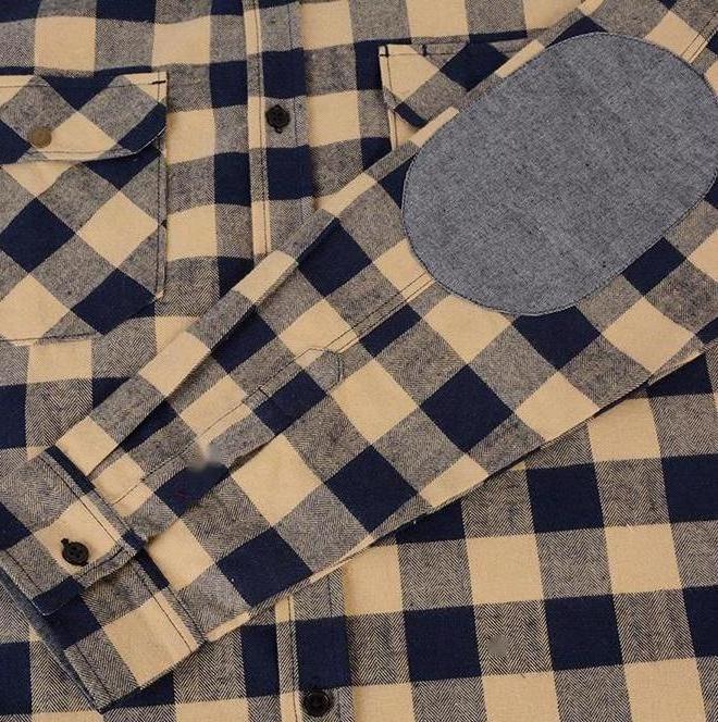 2023 Unique and stylish fashion design elbow with a small patch yellow plaid men's long sleeve multi color options flannel shirt