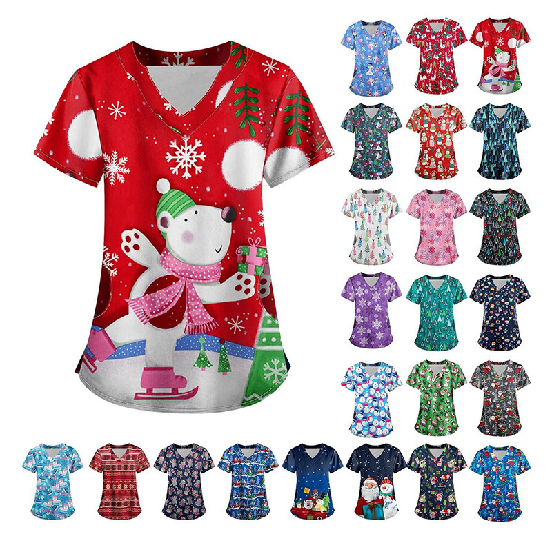 Newest arrival scrub organic cotton woven fabric female scrubs uniforms sets nurse with printed design